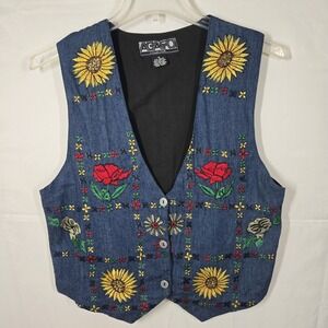 Vintage AGAPO Collection Embroidered Denim Vest Women's M‎ Floral Sunflower Rose